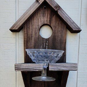 Farmhouse/Cottagecore Style Handmade Wooden Birdhouse & Vintage Glass Feeder